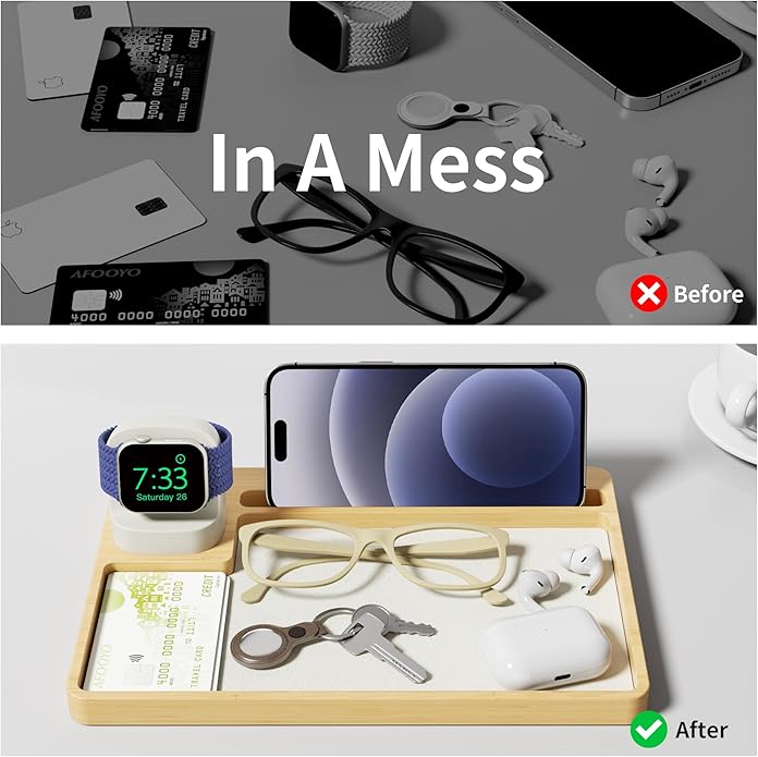 AFOOYO Wooden Watch Band Organizer - Charger Stand Compatible with All Apple Watch Series and Watch Bands Display Watch Storage Case Tray with Acrylic Top Lid(Bamboo)
