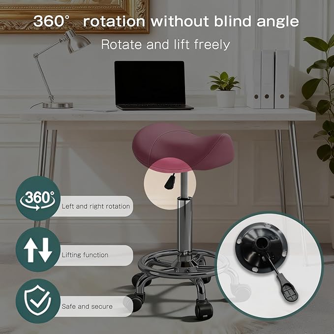 Saddle Stool, Adjustable Height Ergonomic Swivel Chair with Wheels, PU Leather Saddle Seat with Ring Pedal for Salon, Massage, Clinic, Lab, and Office