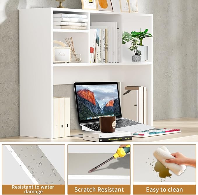 AQQHSAIN Desktop Bookshelf Wooden Desktop Hutch Storage Organizer Multipurpose Tabletop Display Rack with 4 Shelves for Computer Desk Hutch for College Dorm Office Home (White)