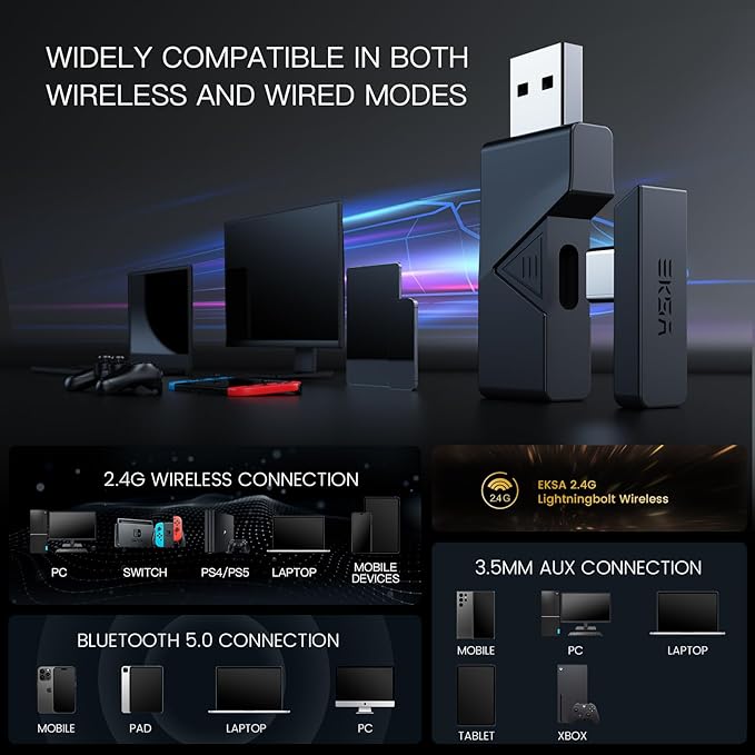 EKSA Wireless Gaming Headset for PC, USB Headphones with Retractable Microhpone, Surround‑Tuned, 20ms Ultra-Low Latency, 50Hr Battery, 2.4G Bluetooth Wired Computer Headset for PS4 PS5 Laptop