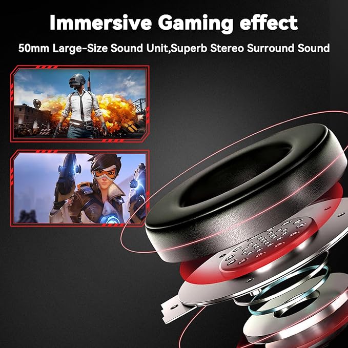 Jimonyer Gaming Headset for PC/PS4/PS5/Xbox One/Switch, Stereo Surround Sound Gaming Headphones with Noise Canceling Flexible Mic, Computer Headset with 3.5mm Jack & RGB Light(Red)