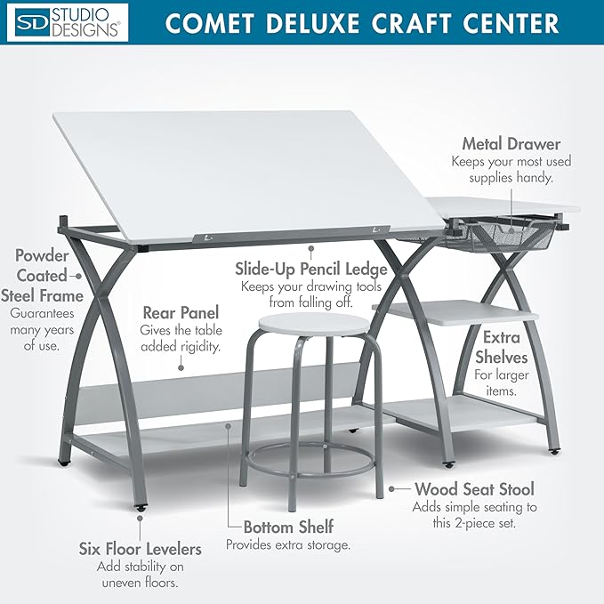 Deluxe Comet Craft Station with Stool, Adjustable Drafting & Art Desk with Storage Shelves, Pencil Ledge, Wire Mesh Drawer, 45° Tilting Top, Steel Frame, Silver/White