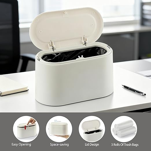 XZZWLL Mini Trash Can for Desk, Tiny Plastic Countertop Garbage Can with Lid, Easy to use and Keep Desktop Clean for Vanity, Bedside, Bathroom and Kitchen with 3 Rolls Trash Bags