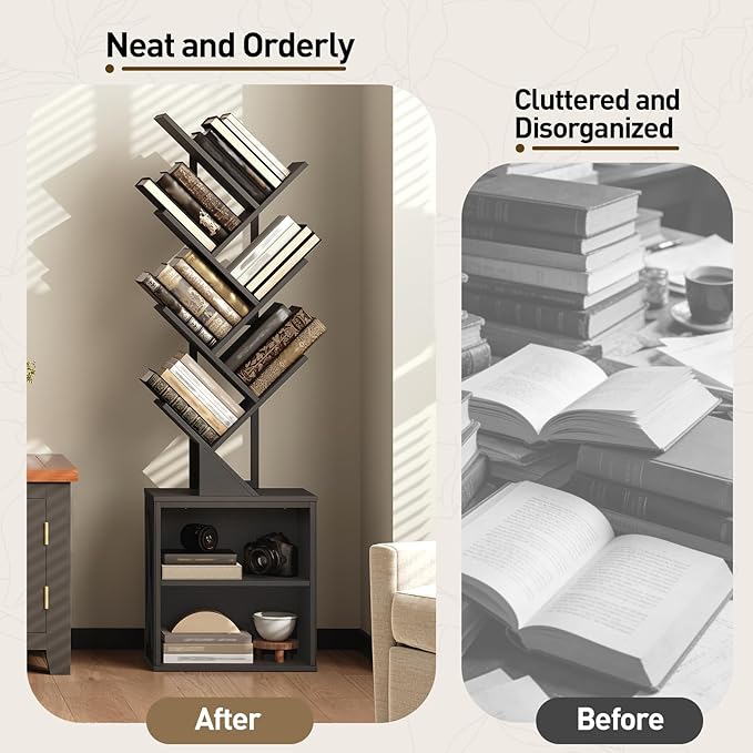 RALGEND Tree Bookshelf, 6 Tier Bookcase with 2 Storage Racks, Free Standing Wooden Bookcase, Floor Standing Book Shelf Organizer for Living Room, Bedroom, Study, Home Office, Black
