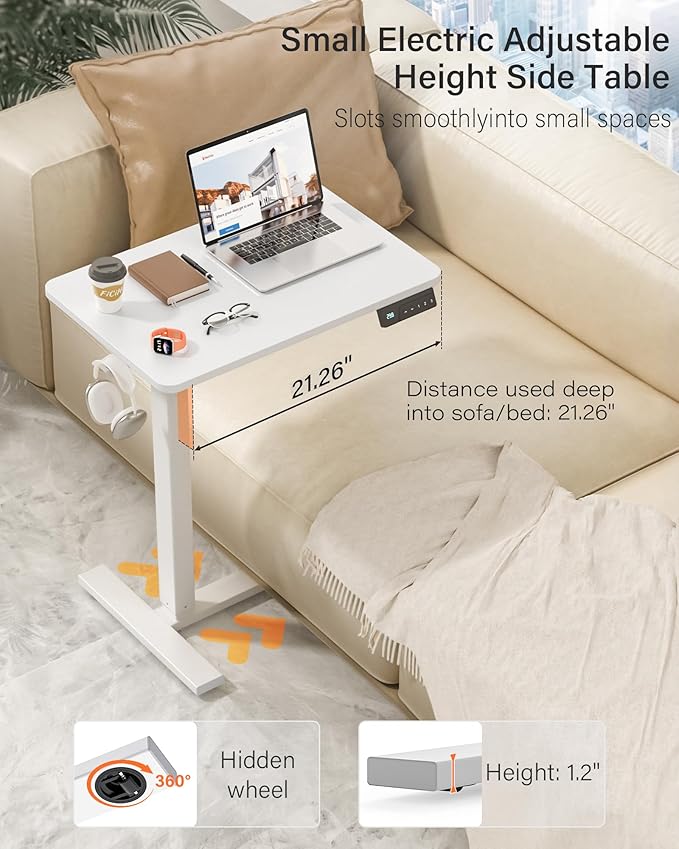 FiCiHi Electric Standing Desk with Wheels – Adjustable Height Mobile Sit-Stand Laptop Table, Portable Rolling Small Computer Workstation for Home Office & Bedside Use (28"x16", White)