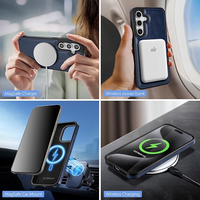 SkyEagle Compatible with Magsafe 2 in 1 Detachable Samsung Galaxy S25 Plus Wallet Case with Card Holder,Women Men Magnetic PU Leather RFID Blocking Flip Folio Kickstand Credit Slots,Blue