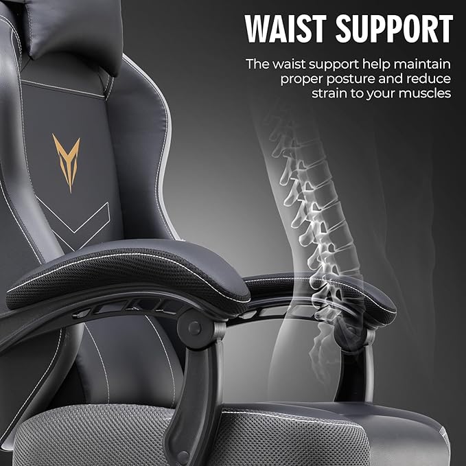 GTPLAYER Gaming Chair, Office Chair High Back Computer Chair with Foot Rest for Adults, Leather Desk Chair Executive Ergonomic Height Adjustable with Headrest and Lumbar Support, 300lbs Grey