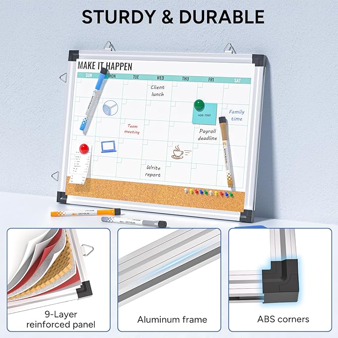 Marsrock Monthly Calendar Whiteboard and Cork Board Combo for Wall, 17"x13" Reversible Hanging Dry Erase Board, Double Sided White Board with Aluminum Frame for Planning, Office, Kitchen, School, Home