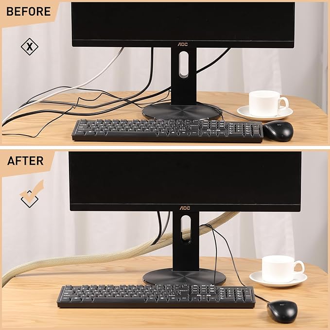 AGPTEK Cable Sleeve, 10ft - 1.5 inch Cable Management, Desk Cord Cover Organizer Wire Hider for Home Office Computer TV Wire Loom Tubing, Pet Proof Cord Protector from Cat Dog Chewing, Wood Color