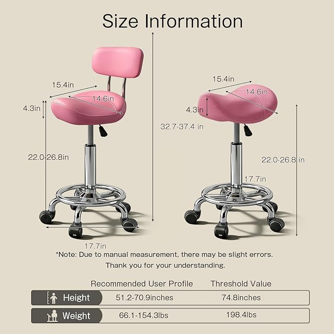 Saddle Stool, Adjustable Height Ergonomic Swivel Chair with Wheels, PU Leather Saddle Seat with Ring Pedal for Salon, Massage, Clinic, Lab, and Office