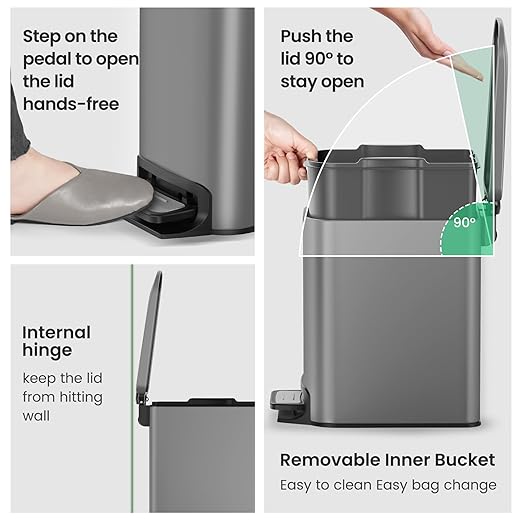 Cesun Slim Step-On Stainless Steel Desk Wastebasket – Gray (1.6 Gal)