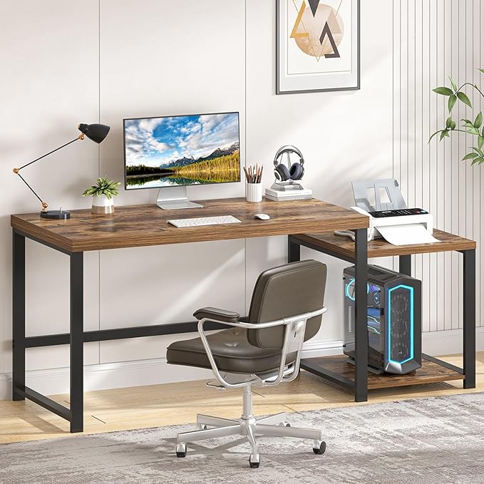 FOLUBAN Large Computer Desk for Home Office with Printer Space, Wood Study Gaming Workstation Table with Storage Shelves, Long Writing Desk for Bedroom Living Room, Rustic Brown, 63 Inch