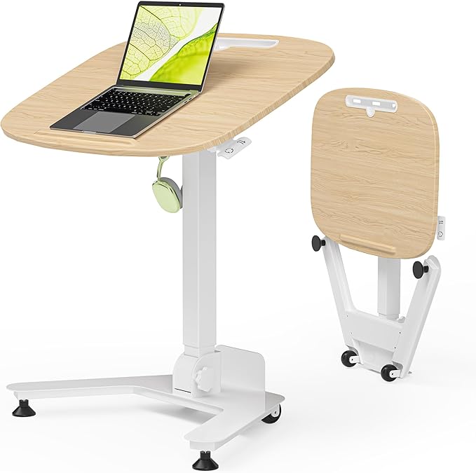 WALKINGDESK Folding Pneumatic Height Adjustable Mobile Standing Desk with 90° Tiltable Tabletop, 27.2x18.9 Inch Portable Laptop Desk with Wheels, Holds Up to 66.1lbs for Home Office, Study, Oak