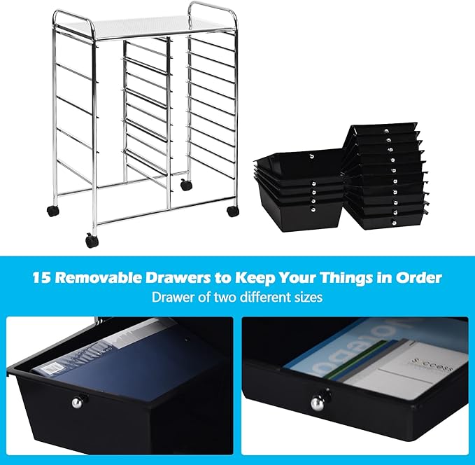 Moccha 15-Drawer Rolling Storage Cart - Under Desk Storage Drawers with wheels for Craft Art Supply Paper Salon, Scrapbook Paper Tools, Mobile Utility Cart for Classroom (15 Drawers, Black)