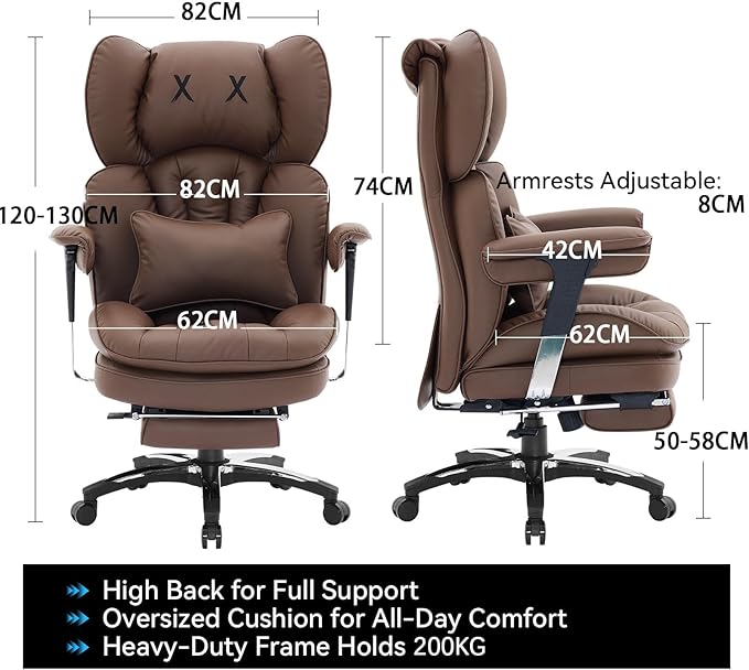 Efomao Desk Office Chair, X-Embroidery Big and Tall PU Leather Home Chair, Adjustable High Back Computer Gaming Chair, 200kg Swivel Executive Office Chair with Footrest and Lumbar Support, Brown