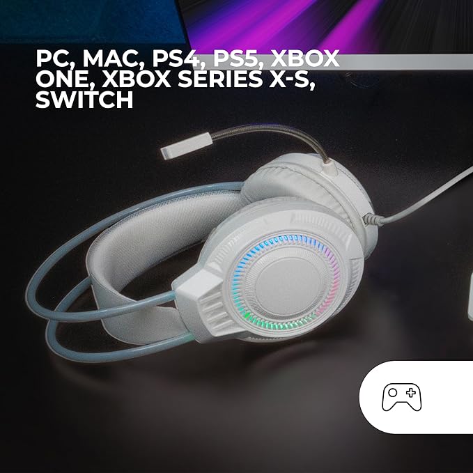 Mars Gaming MH124 FRGB Rainbow Gaming Headphones, Ergonomic Design, Flexible Microphone, Volume Control, Windows, Linux, Mac, PS4, PS5, Xbox One, Xbox Series X|S, Switch, Switch 2, White