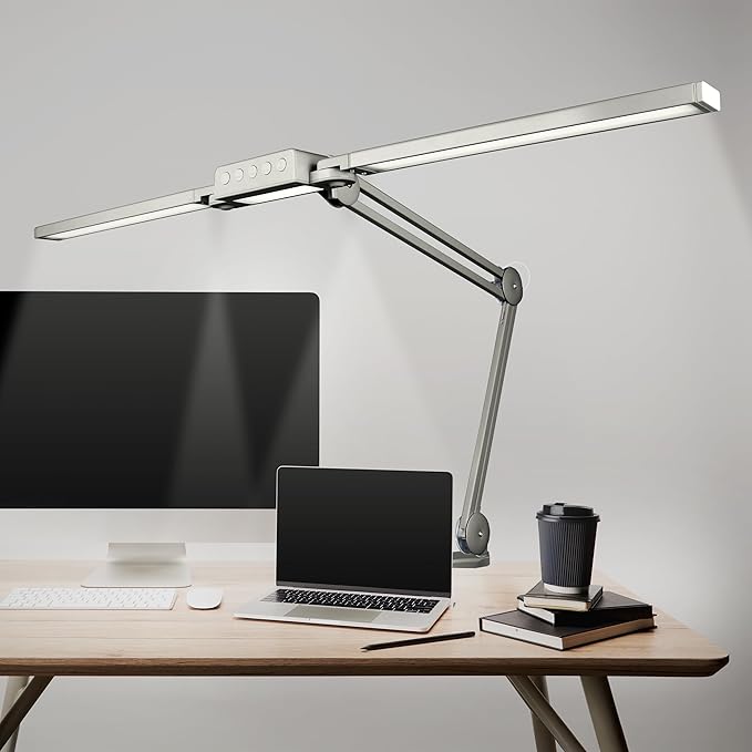 Neatfi LED Desk Lamp | 3,000 Lumens | Dimmable 30W Desk Light | 360 SMD LEDs | CRI 95 | Adjustable Color Temperature | Task Lamp for Home, Office, or Workbench (Silver, 41-Inch, CCT with Clamp)