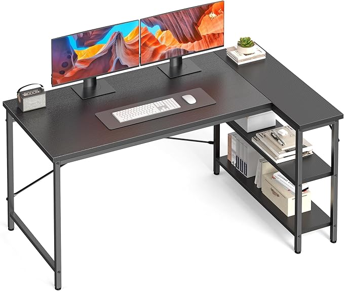 DUMOS L Shaped Desk 47 Inch Computer Desk Gaming Furniture Corner Desks Home Office PC Table with Reversible Storage Shelves for Writing Working Study Bedroom Dorm, Modern Black