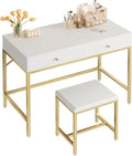 SUPERJARE 31.5" White and Gold Desk with 2 Drawers, Modern Makeup Vanity with Padded Stool, Small Computer Desk Home Office Desk for Writing Study Bedroom