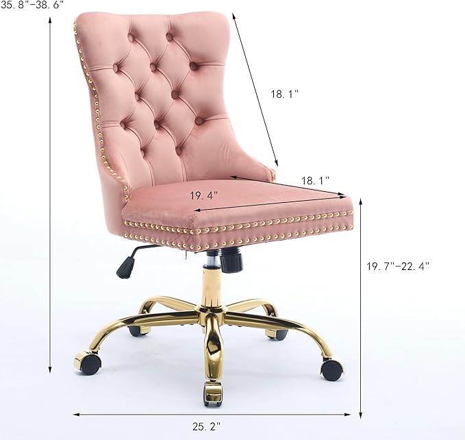 Goujxcy Desk Chair, Modern Velvet Upholstered Tufted Button Home Office Chair, 360° Swivel Armless Desk Chairs, 120°Rocking Ergonomic Computer Task Vanity Chairs, Pink