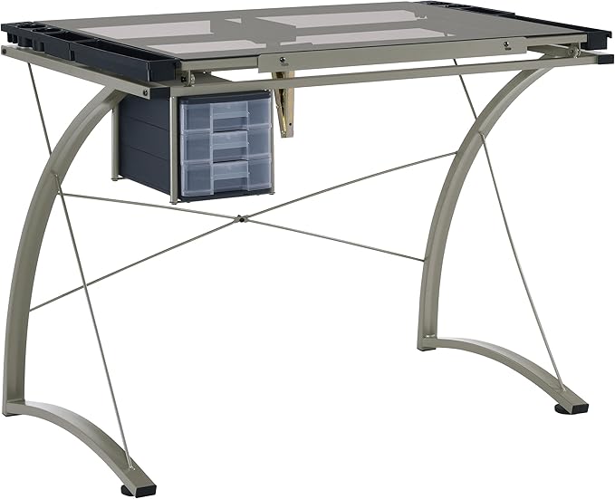 Coaster Home Furnishings - Melo - Metal and Glass - 41-Inch Drafting Table with Adjustable Pitch, Three Drawers, Retractable Pencil Ledge and Storage Compartments - Home Office - Silver - 800986
