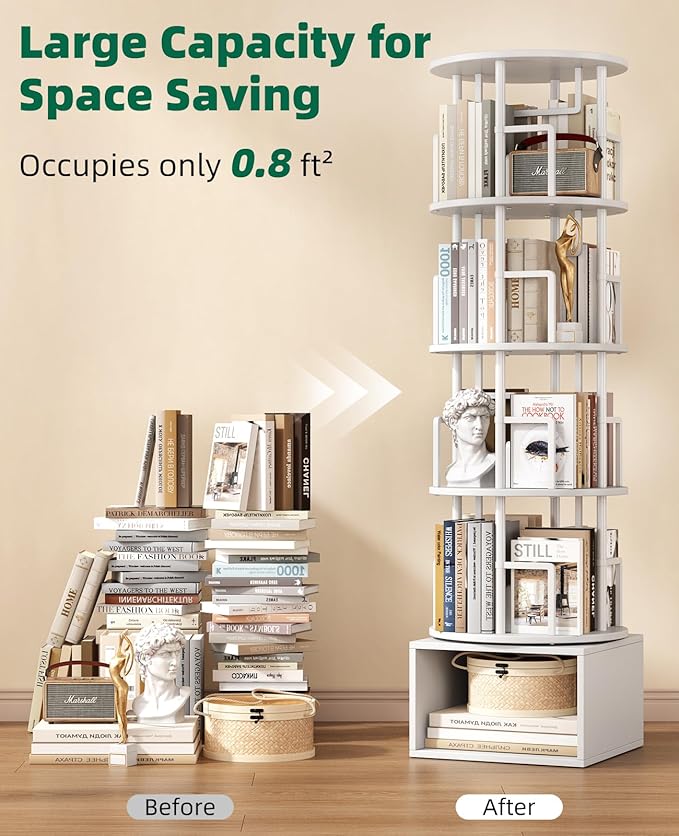 Kalrin 5 Tier Rotating Bookshelf with Extra Storage Cabinet, 360°Spinning Corner Bookshelf, Floor Standing Bookcase for Kids & Adult, Narrow Book Shelf for Bedroom Living Room, Pure White