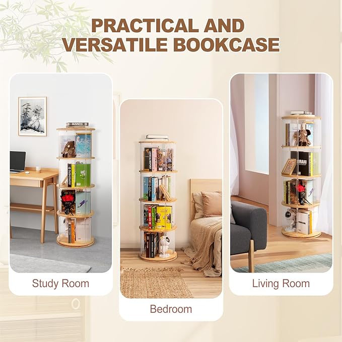 TAKEKIT 360° Rotating Bookshelf, 4-Tier Spinning Book Shelf Tower with Solid Wood & Clear Acrylic, Round Revolving Bookcase for Living Room, Bedroom and Office