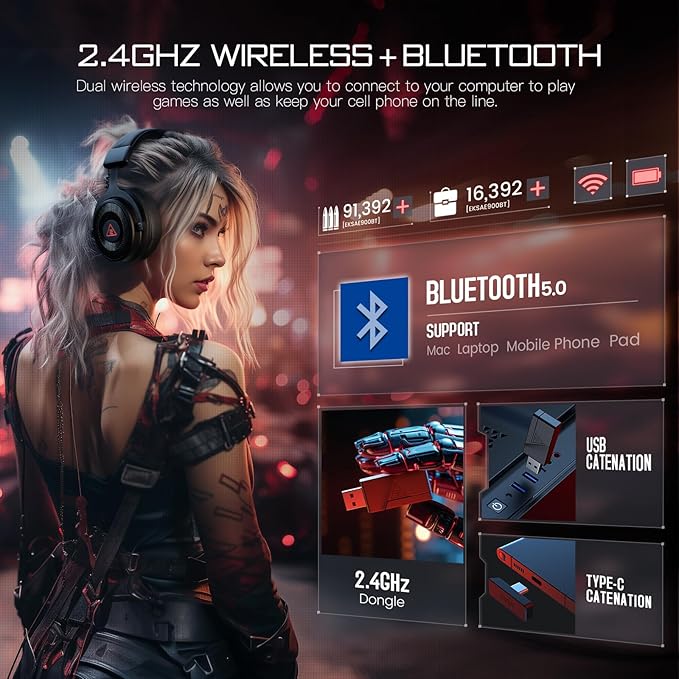 EKSA Wireless Gaming Headset for PC, USB Headphones with Retractable Microhpone, Surround‑Tuned, 20ms Ultra-Low Latency, 50Hr Battery, 2.4G Bluetooth Wired Computer Headset for PS4 PS5 Laptop