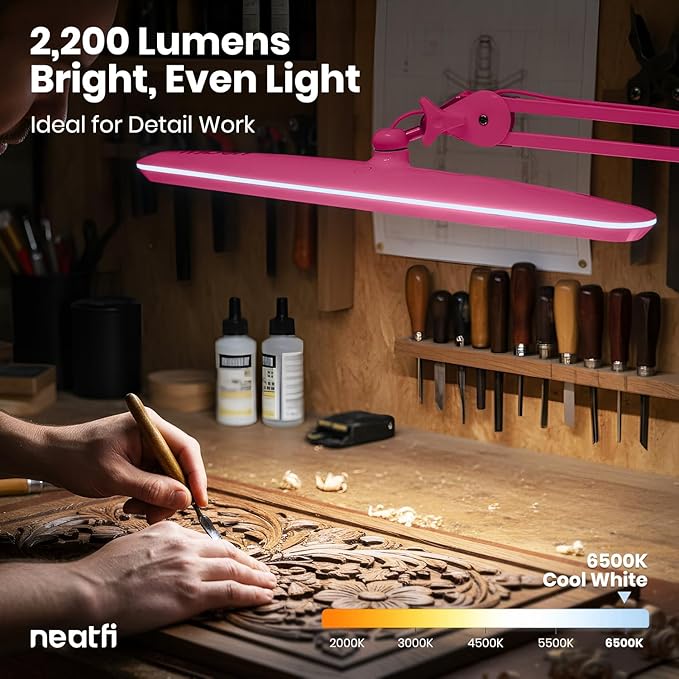 Neatfi XL 2,200 Lumens 24W LED Desk Lamp – 23” Wide Shade | Dimmable Eye-Caring Task Light | Adjustable Arm | Home Office, Study, Crafts & Nail Tech (Pink, Non-CCT with Clamp)