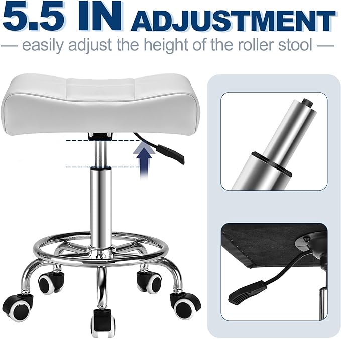 Square Salon Rolling Stool - 300lbs Weight Capacity，Adjustable Swivel Stool with Wheel，Pu Leahter Comfortable Cutting Stools for Salon Tattoo Stylist Massage Perfect for Work SPA (White)