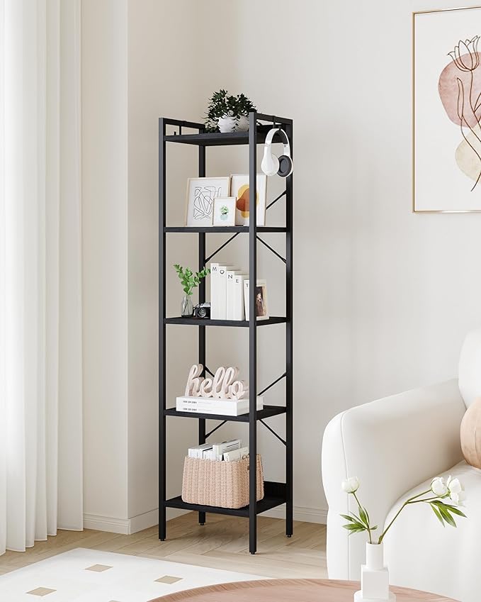 Hzuaneri Bookshelf, Book Shelf, Industrial Bookcase with 2 Hooks, Coner Shelf Storage Organizer for Home Office, Living Room, Bedroom, Kitchen, 5-Tier Black BC10504B