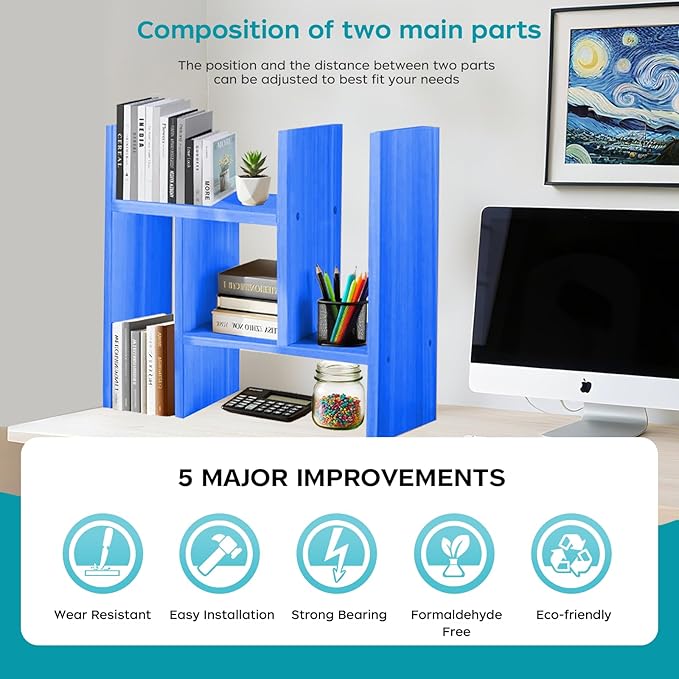 Desk Organizer Shelf Wooden Desktop Bookshelf Adjustable Desktop Organizer Shelves Small Book Shelf for Office Desk Supplies Home Storage Natural Stand Decor (15*)