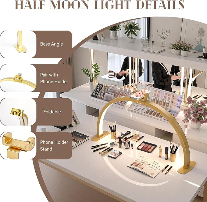 Kadden Foldable Large Half Moon LED Light for Table Nail Desk with Phone Stand, Upgrade Arch Light for Nail Techs with Wire Controller for Manicure Tattoo Beauty (Gold, Large)