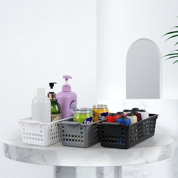 Anbers Gray Small Plastic Storage Basket, Narrow Baskets for Desktop Organizing, 4 Pack