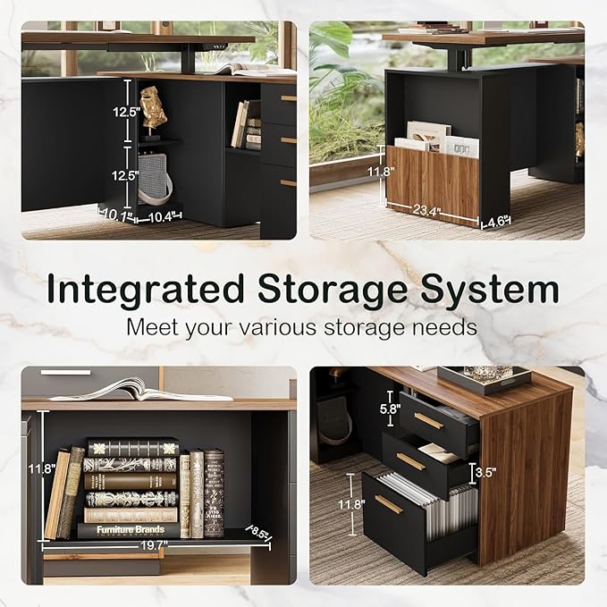 ModernMate Office Furniture Set, 63" L Shaped Standing Desk with File Cabinet, AC/USB, Office Desk Set with 73" Book Shelf, Home Office Furniture Sets, Black Walnut