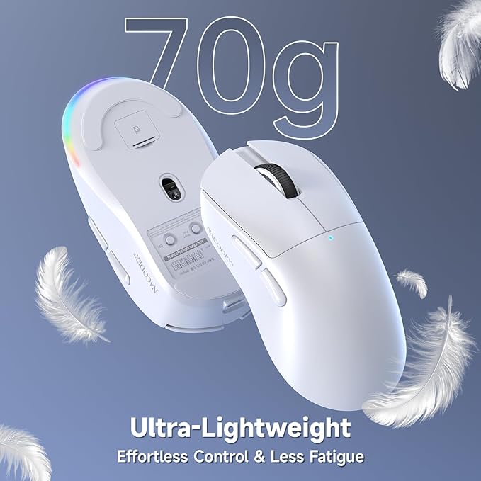 AJAZZ NJ08 Wireless Gaming Mouse 70g Lightweight, 12800 DPI, RGB Strip, 3-Mode Connection 2.4G/Bluetooth/Wired, 1000Hz Polling Rate, Ergonomic Right-Handed Design for PC, Mac, Windows, Laptop (White)