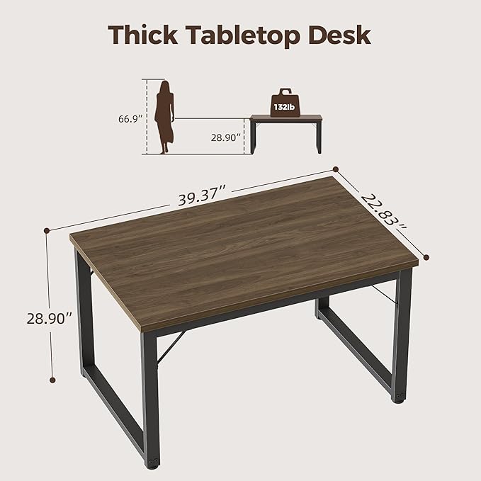 Mericonia 40 Inch Computer Desk, 1" Thick Modern Simple Study Writing Table, Heavy Duty Industrial Office Desk for Home Bedroom Workstation, Walnut