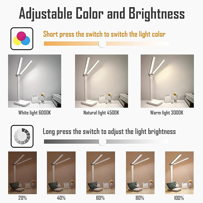 LED Double Head Desk Lamp, Rechargeable Portable Table Lamp, Adjustable Light Color and Brightness, USB Powered, LED Light for Work, Reading, Emergency (White)