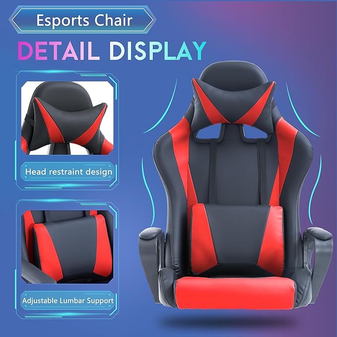 PayLessHere Ergonomic Racing Desk Chair Gaming Chair Computer Chair with Armrests 360° Swivel & Caster Pu Desk Task Chair Executive Headrest Lumbar Support for Back Pain Women Men and Adults (Red)
