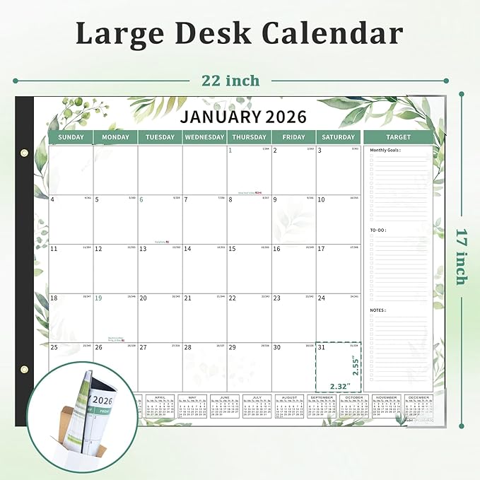 Ospelelf Desk Calendar 2026-2027 Large 22"x17" Monthly Family Planner Pad with Protective Cover 18 Months January 2026 - June 2027 Floral Green