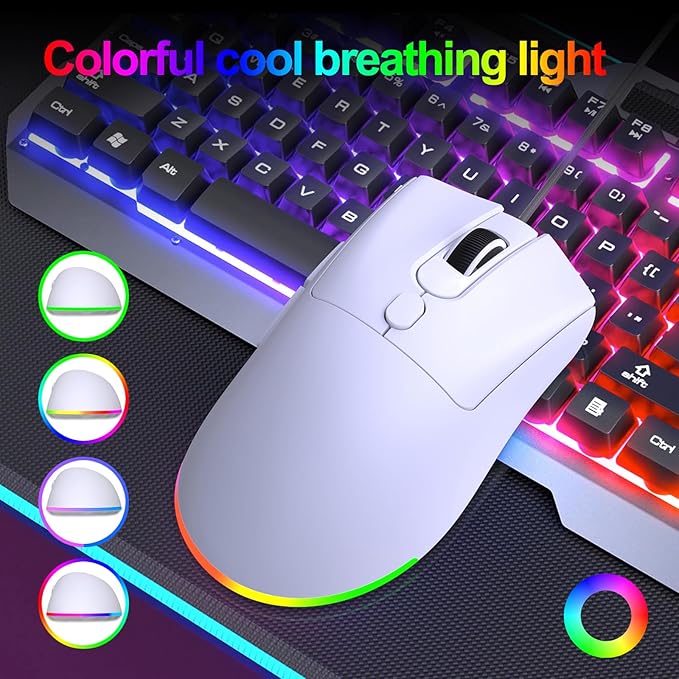 HXMJ Wired USB C Gaming Mice,7200DPI,Ergonomic Mouse with RGB Backlit for Apple MacBook,Computer or Laptops with Type C Port-White