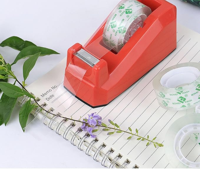 BOMEI PACK Tape Dispensers Desk, 1 Pack Red with 6Rolls Transparent Tape Refills, 1 Inch Core, for Gift Wrapping, School, Office and Home
