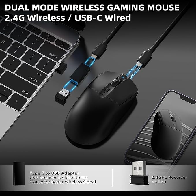A.JAZZ AJ139 G Pro Wireless Gaming Mouse Ultra-lightweight 59g with Dual Mode-Type C Wired/2.4Ghz USB Receiver up to 26000DPI 6 Programmable Button Ergonomic Symmetric for PS4 XBox PC Mac Gamer(Black)