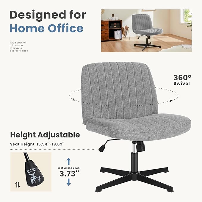 DUMOS Criss Cross Legged Chair Wide Comfy Home Office Desk Seat, No Wheels Armless Computer Task Seating, Swivel Vanity Chair Height Adjustable for Makeup Bedroom, Fabric Gay