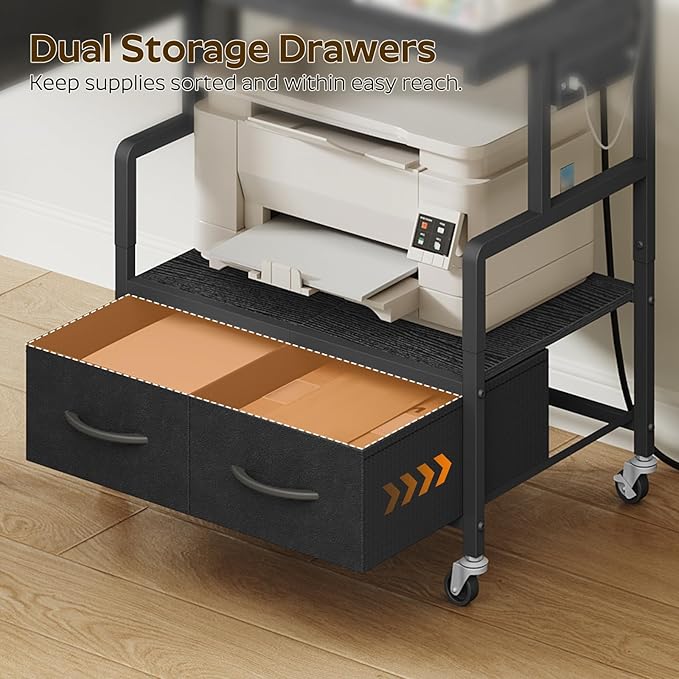 YATINEY Printer Stand, 3 Tier Printer Cart with Power Outlet and Fabric Drawers, Industrial Mobile Printer Table on Wheels, Printer Stand with Storage for Home Office, Study, Living Room PS03BB