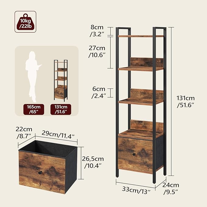 MAHANCRIS Bookshelf, 5-Tier Bookcase with Drawer, Small Book Shelf for Small Space, Storage Shelf Organizer, for Living Room, Bedroom, Study, Kitchen, Rustic Brown and Black BKHR55101