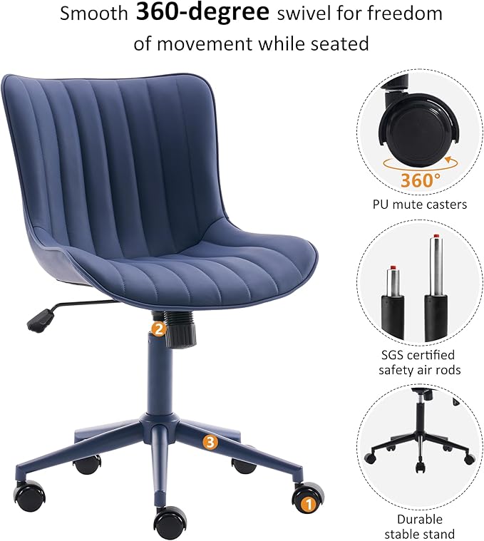 YOUNIKE Home Office Desk Chair with Wheels Armless Vanity Chair with Back Comfy Modern Leather Upholstered Rolling Task Chair Swivel Small Cute Sewing Chair No Arms Wide Adjustable Ergonomic Navy Blue
