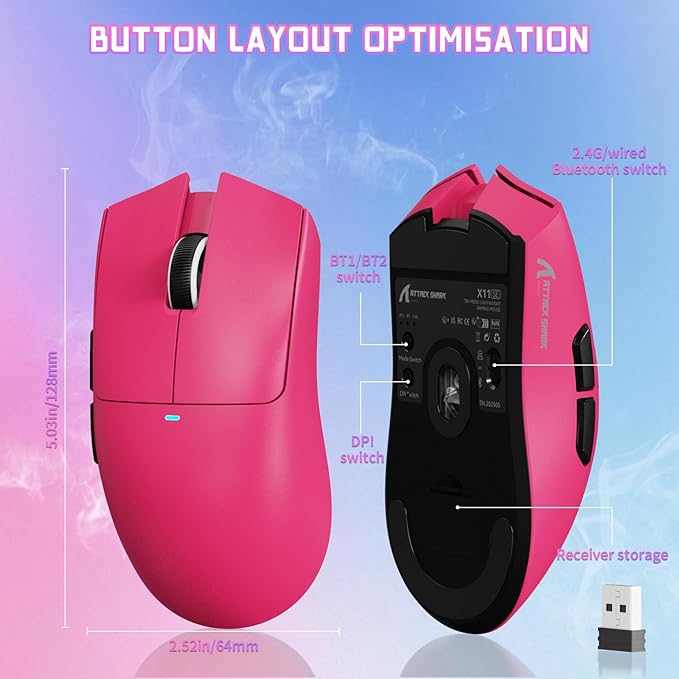 ATTACK SHARK X11SE Lightweight Wireless Gaming Mouse, 59g Tri-Mode BT/2.4G Wireless/Wired Gaming Mouse, PixArt PAW3311 Gaming Sensor, 22000 DPI, Office Mice for PC/Xbox/Win/Mac (Magenta)
