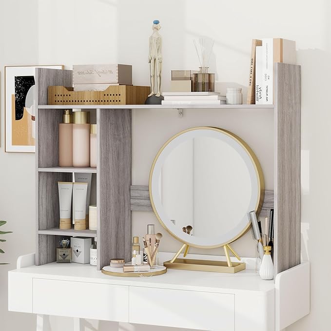 FTZxHKLX Desktop Bookshelf, Wooden Desk Hutch for Computer Monitor Up to 27'' with 3 Open Storage Shelves, Large 4-Tier Desk Organizer for Dorm Office Home, Wash Grey