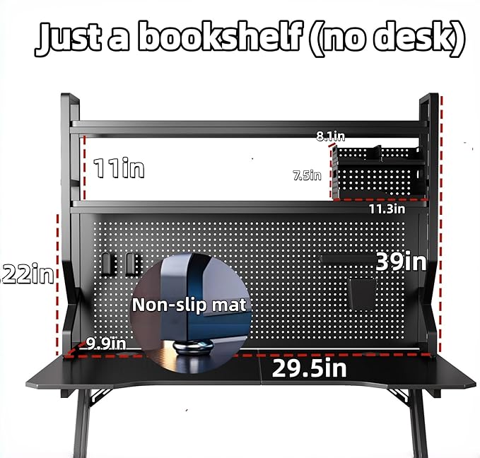 Desktop Hutch Bookshelf,Many Gifts,Metal Desktop Bookcase with pegboard, Desk Shelf Black, Countertop Storage Organizer Rack for Dorm or Office,Desktop Shelves(Black, 29.5" Lx9.9 Wx39 H)
